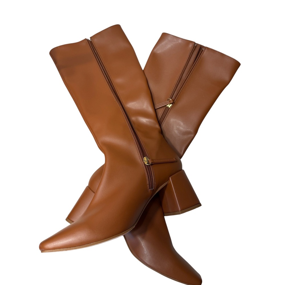Svegan Tan Leather Tall Boots Square Toe Block Heel Made in Spain Women 39